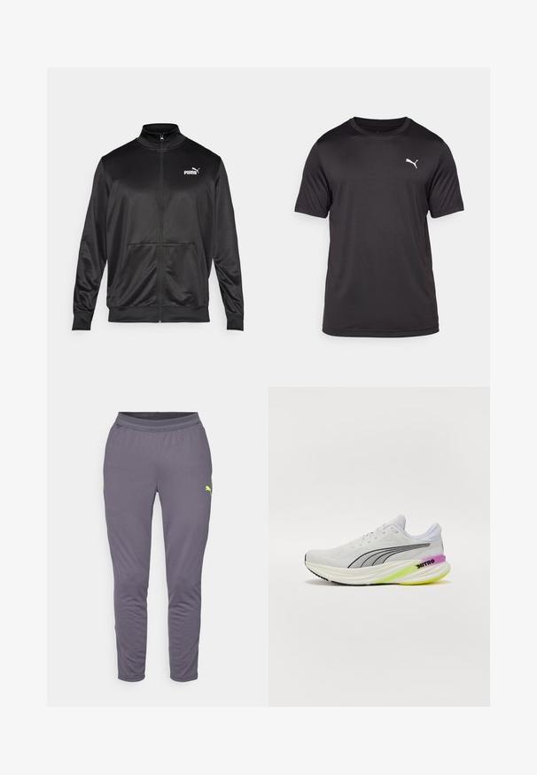 Zwarte jas met rits, gemaakt van een gladde, glanzende stof. Heeft een hoge kraag, twee voorzakken en een wit Puma-logo op de linkerborst.; Zwart atletisch T-shirt gemaakt van vochtafvoerende stof, ronde hals, korte mouwen, met een klein wit logo op de linkerborst.; Grijze sportbroek gemaakt van ademend materiaal, met een taps toelopend ontwerp en gele accenten. Inclusief zijzakken en een elastische tailleband.; Witte sport schoen met ademende mesh bovenkant, zwarte accenten en een meerkleurige zool met paarse en groene details.