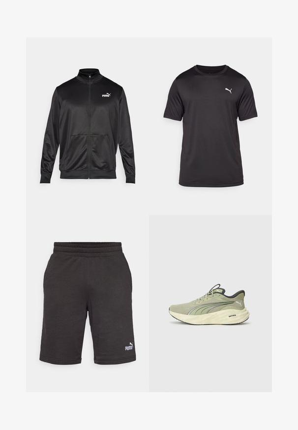 Casaco preto com fecho éclair, feito de um tecido liso e brilhante. Apresenta um colarinho alto, dois bolsos frontais e um logótipo branco da Puma no lado esquerdo do peito.; T-shirt atlético preto feito de tecido que repele a humidade, com gola redonda, mangas curtas, apresentando um pequeno logo branco no lado esquerdo do peito.; Calções atléticos pretos com um cós elástico, apresentando uma textura macia e um pequeno logótipo branco da Puma na parte inferior da perna esquerda.; Sapatilhas de corrida verde claro com parte superior em malha texturizada, pormenores refletivos, sola espessa e acolchoada, e detalhes em preto no calcanhar e na sola.