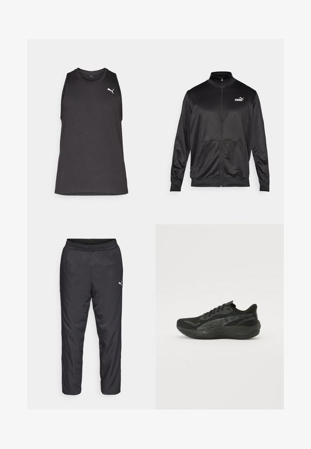 Black zip-up jacket made of smooth, shiny fabric. Features a high collar, two front pockets, and a white Puma logo on the left chest.; Black sleeveless athletic tank top made of smooth fabric, featuring a Puma logo in white on the left chest area and a crew neck design.; Black athletic pants made of smooth, lightweight material. Features an elastic waistband and a small white logo on the left side.; Black athletic shoe with a textured mesh upper, flat laces, and a cushioned sole featuring subtle reflective accents.
