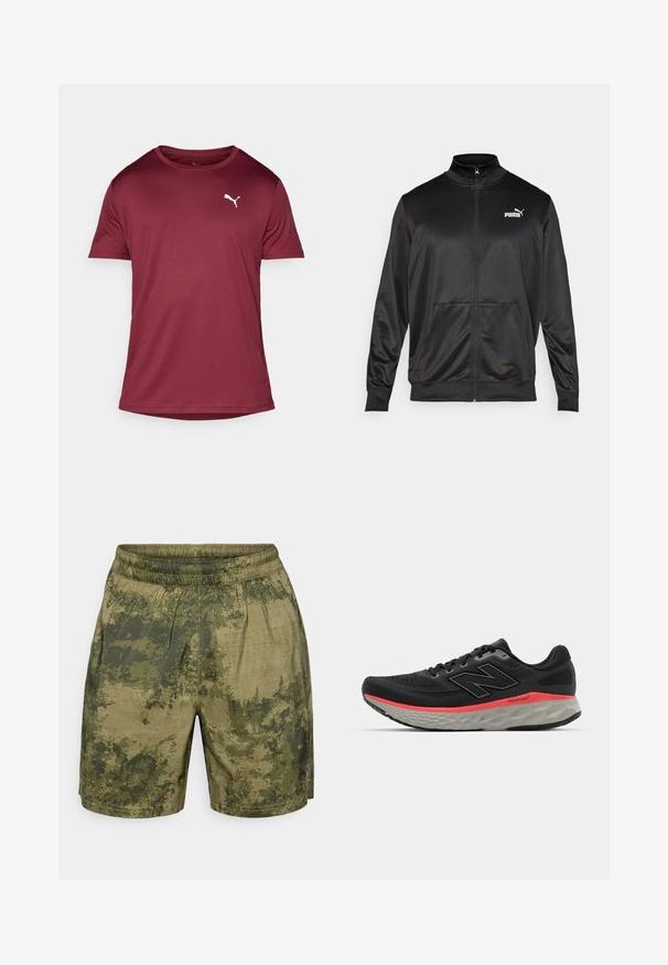 Veste noire zippée en tissu lisse et brillant. Elle possède un col haut, deux poches avant et un logo Puma blanc sur la poitrine gauche.; T-shirt à manches courtes bordeaux en tissu lisse, avec un col rond et un logo Puma blanc sur la poitrine gauche. Design simple.; Shorts à motif camouflage dans des nuances de vert, fabriqués en tissu léger avec une taille élastique et une coupe décontractée.; Baskets de course noires avec tige en mesh, rehaussées par une rayure rose sur la semelle intermédiaire et une semelle extérieure grise. Comprend des détails texturés et un design de semelle flexible.