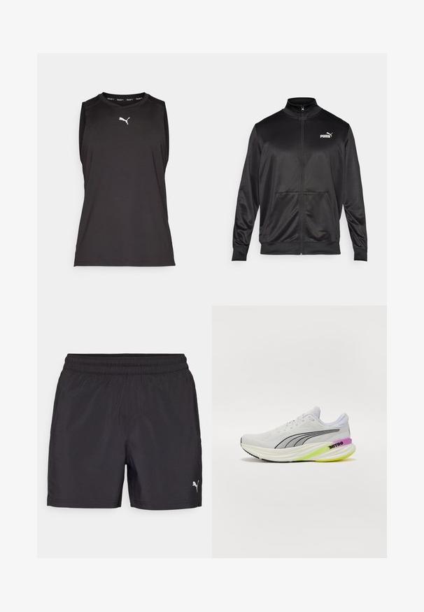 Black zip-up jacket made of smooth, shiny fabric. Features a high collar, two front pockets, and a white Puma logo on the left chest.; Black sleeveless sports top in lightweight fabric with a round neckline and a white Puma logo on the chest and branded ribbed collar.; Black athletic shorts with an elastic waistband, made from lightweight material, featuring a small white logo on the lower side.; White athletic shoe with breathable mesh upper, black accents, and a multi-colored sole featuring purple and green details.