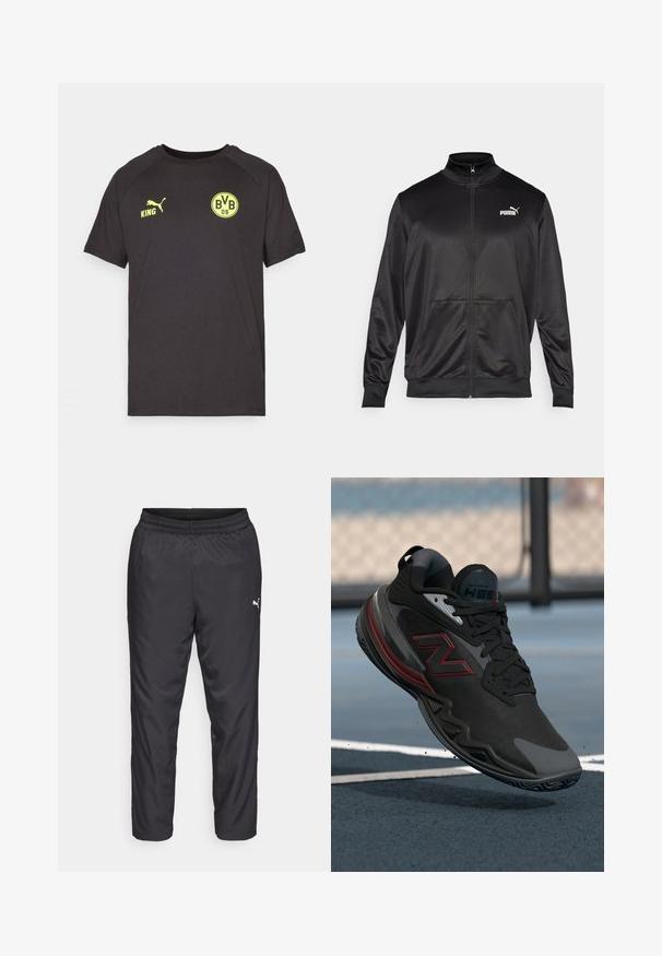 Svart zip-up jakke laget av glatt, skinnende stoff. Har høy krage, to frontlommer og en hvit Puma-logo på venstre bryst.; Svart bomulls T-skjorte med korte ermer, med gult Puma-logo, "KING" tekst, og sirkulært BVB 09 emblem på framsiden.; Sorte treningsbukser laget av glatt, lett materiale. Har elastisk midjebånd og en liten hvit logo på venstre side.; Svart sportsko med teksturert overdel, røde detaljer og gummisåle. Har lav profil og forsterket tåhette.