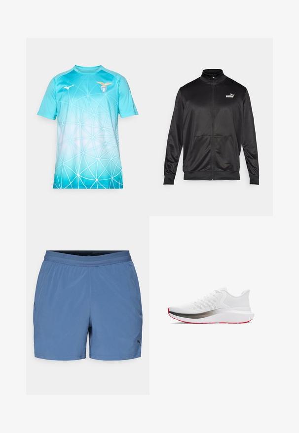 Black zip-up jacket made of smooth, shiny fabric. Features a high collar, two front pockets, and a white Puma logo on the left chest.; Light blue sports jersey with white geometric web pattern, S.S. Lazio logo on right chest, and Mizuno logo on left chest.; Blue athletic shorts with an elastic waistband, made of lightweight, smooth fabric; features a logo on the lower front left side.; Sport shoe with a white mesh upper, silver midsole, and a red outsole. Features round laces and a cushioned collar for comfort.