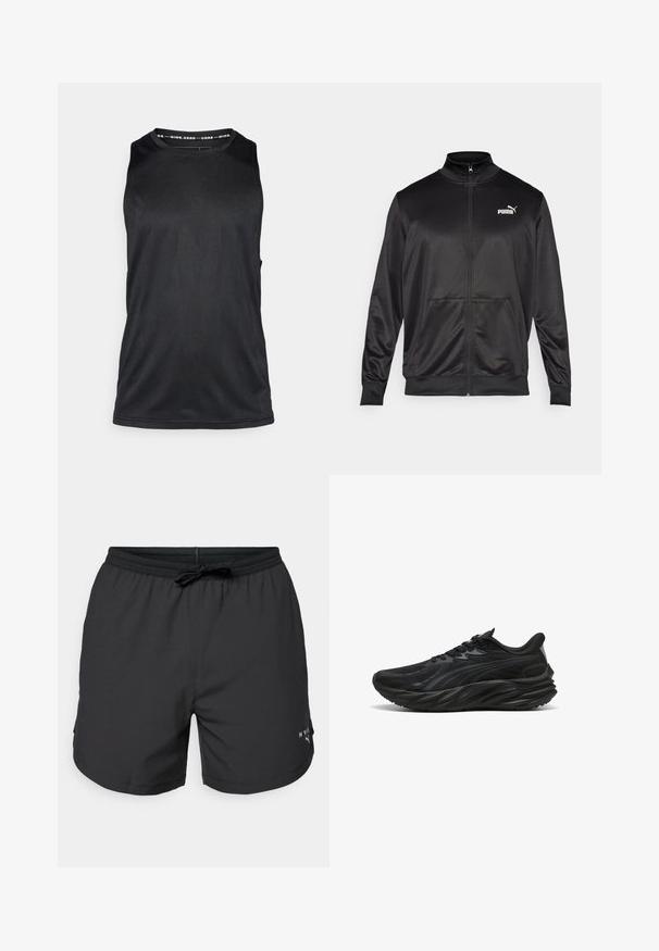 Must läikivast ja siledast kangast must kapuutsiga jakk. Omab kõrget kaelust, kahte esi-taskut ja valget Puma logo vasakul rinnal.; Mustmust värvi ilma varrukateta sportlik tipp, valmistatud siledast ja kergest kangast, millel on ümar kaelus ja minimalistlik disain ilma kaunistusteta.; Mustad ujumispüksid elastse vöökoha ja nööriga. Kerged kangad küljetaskutega. Hemis on väike logo.; Must mustus kingad tekstuuriga ülemise osaga, kõverdunud tald ja tugevdatud konts. Omab paelu ja diskreetset külge kaunistavat elementi.