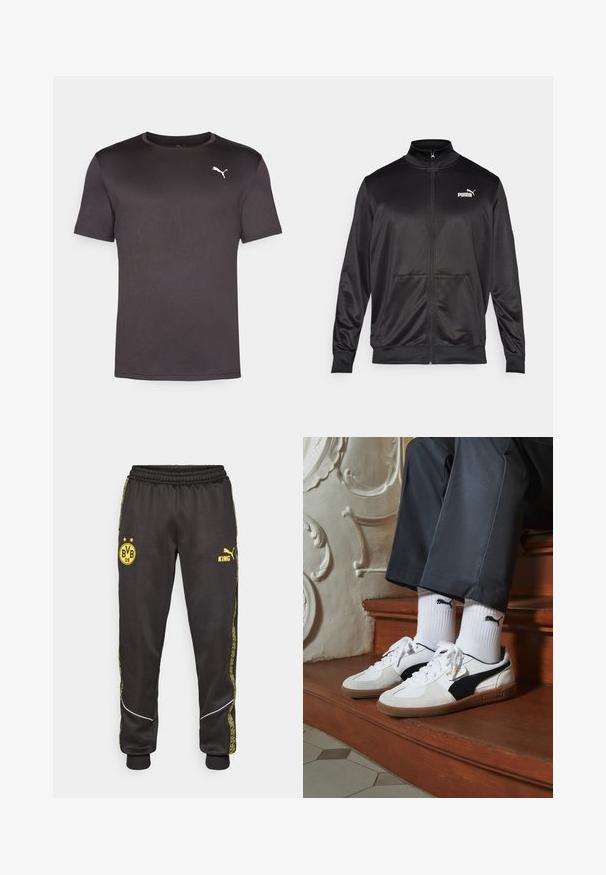 Chaqueta negra con cremallera hecha de un tejido liso y brillante. Presenta un cuello alto, dos bolsillos frontales y un logo blanco de Puma en el lado izquierdo del pecho.; Camiseta negra de manga corta hecha de una tela suave y ligera. Presenta un escote redondo y un pequeño logo blanco de Puma en el pecho.; Pantalones deportivos negros con los logotipos amarillos de Borussia Dortmund BVB 09 y Puma King, banda elástica en la cintura y rayas laterales amarillas con un diseño.; Zapatillas Puma en gamuza blanca y negra, con una suela de goma marrón. Combinadas con calcetines blancos que muestran un logo negro, llevados con pantalones oscuros.