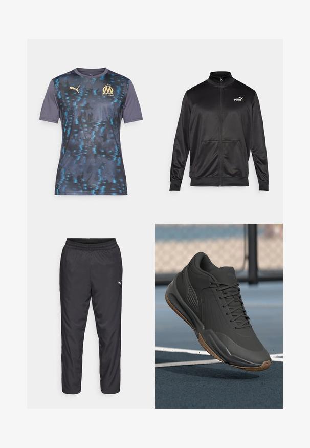 Fekete, sima, fényes anyagból készült, cipzáros dzseki. Magas gallérral, két elülső zsebbel és fehér Puma logóval rendelkezik a bal mellrészen.; Férfi Puma mez sötétkékkel, texturált mintával, kék akcentusokkal. Arany Marseille embléma és "Droit au But" felirat, rövid ujjú.; Fekete sportos nadrág sima, könnyű anyagból. Rugalmas derékkal rendelkezik, és a bal oldalon egy kis fehér logó található.; Fekete sportcipő sima szintetikus felsőrésszel, mintás díszítésekkel és gumi talppal, melyet teljesítményre és kényelemre terveztek.