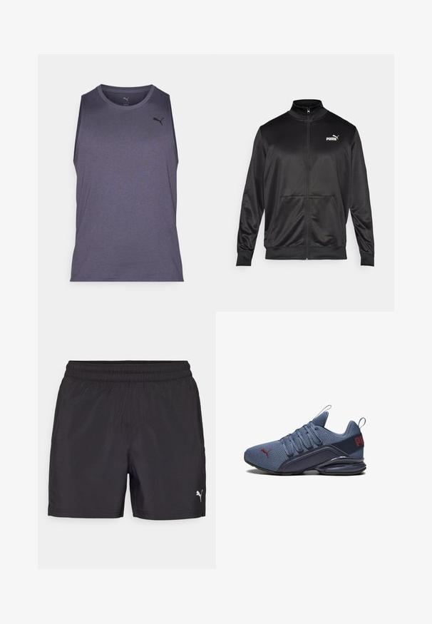 Črna jakna na zadrgo iz gladkega, sijočega materiala. Ima visok ovratnik, dva sprednja žepa in belo Puma logotip na levem prsnem delu.; Bezrokavni športni top v temno sivi tkanini z gladko teksturo. Opremljen je z zaobljenim izrezom in subtilnim logotipom na levi prsi.; Črne športne hlače z elastičnim pasom, narejene iz lahkega materiala, z majhnim belim logotipom na spodnjem delu.; Modra športna čevlja z mrežnim zgornjim delom, opremljena z trdim gumijastim podplatom, izrazitim logotipom in vezalnim sistemom za udobno prileganje.