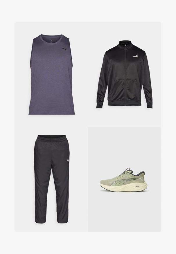 Black zip-up jacket made of smooth, shiny fabric. Features a high collar, two front pockets, and a white Puma logo on the left chest.; Sleeveless athletic tank top in dark gray fabric with a smooth texture. Features a rounded neckline and subtle logo on the left chest.; Black athletic pants made of smooth, lightweight material. Features an elastic waistband and a small white logo on the left side.; Light green running shoes with textured mesh upper, reflective accents, thick cushioned sole, and black detailing on the heel and outsole.