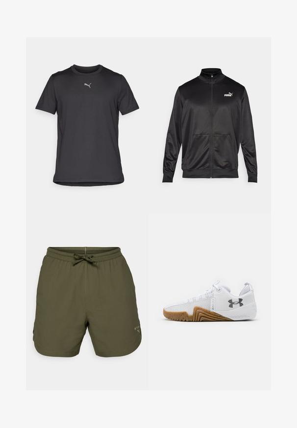 Schwarze Zip-Jacke aus glattem, glänzendem Stoff. Merkmale sind ein hoher Kragen, zwei Fronttaschen und ein weißes Puma-Logo auf der linken Brust.; Schwarzes, kurzärmeliges Sport-T-Shirt aus leichtem Material. Verfügt über ein kleines, reflektierendes Logo auf der Brust und einen runden Halsausschnitt.; Olivgrüne Sportshorts aus leichtem Material, ausgestattet mit einem elastischen Bund mit Kordelzug und einem kleinen Logo-Detail an der Seite.; Weiße Sportschuhe mit einem Obermaterial aus Mesh, einer Gummisohle in Braun, strukturierten Akzenten und einem schwarzen Logo an der Seite.