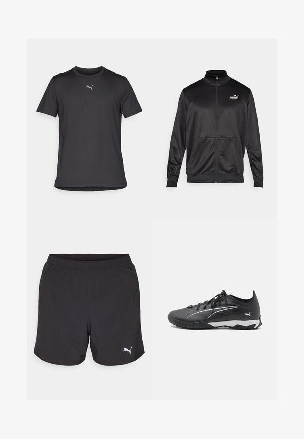 Svart zip-up jacka i slät, glänsande tyg. Har hög krage, två framfickor och en vit Puma-logotyp på vänster bröst.; Svart kortärmad sportt-shirt i lättviktig tyg. Har en liten, reflekterande logotyp på bröstet och rundad halsringning.; Svarta sportshorts i lätt tyg, med resår i midjan och en liten vit Puma-logga på vänster sida.; Svart atletisk sko med en texturerad överdel, vita accenter, snörning och en kontrasterande vit mellansula. Har en mönstrad gummisula.