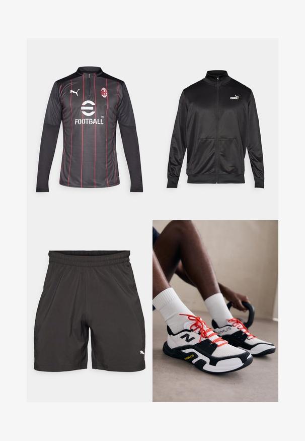 Mustat vetoketjulliset takit, jotka on valmistettu sileästä, kiiltävästä kankaasta. Ominaisuuksiin kuuluvat korkea kaulus, kaksi etutaskua ja valkoinen Puma-logo vasemmassa rinnassa.; Mustapaitainen pitkähihainen jalkapallopaita, jossa on punaiset pystysuorat raidat. Paidassa on puolivetoketjukaulus, logo-yksityiskohtia ja teksturoitu kankaan muotoilu.; Mustat urheilushortsit, jotka on valmistettu kevyestä kankaasta. Niissä on joustava vyötärö ja pieni valkoinen logo vasemmassa alakulmassa.; Valkoiset ja mustat urheilukengät punaisilla nauhoilla, verkkomateriaali yläosassa ja kumipohja. Ikonissa on logo sivussa ja teksturoitu malli.