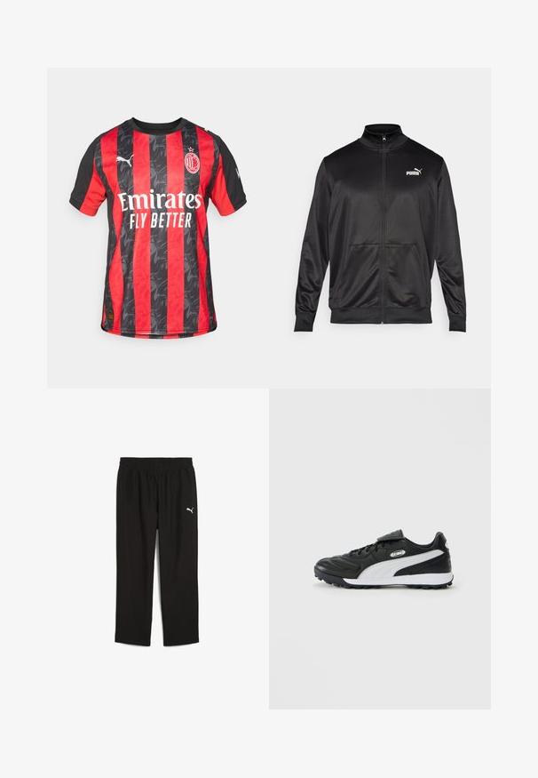 Jachetă neagră cu fermoar, made dintr-un material neted, lucios. Dispune de un guler înalt, două buzunare frontale și un logo alb Puma pe pieptul stâng.; Tricou AC Milan cu dungi verticale roșii și negre, având un model texturat, guler rotund și logo-ul Puma pe mâneca dreaptă.; Pantaloni sport negri cu talie elastică, din material ușor. Prezintă un mic logo alb Puma pe partea stângă.; Cămașă de fotbal neagră, cu talpă joasă, cu dungi albe pe lateral, talpă texturată, sistem de închidere cu șireturi și clapetă cu Velcro peste șireturi, pe un fundal simplu.