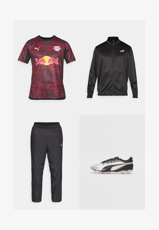 Svart zip-up jakke laget av glatt, skinnende stoff. Har høy krage, to frontlommer og en hvit Puma-logo på venstre bryst.; Rød og svart kortermet jersey laget av lett materiale. Har et geometrisk mønster, logo og en gul okse grafikk på forsiden.; Sorte treningsbukser laget av glatt, lett materiale. Har elastisk midjebånd og en liten hvit logo på venstre side.; Sølv og svart fotballsko med teksturert overflate, utstyrt med rosa detaljer, lav silhuett og flere rosa spiker i sålen.