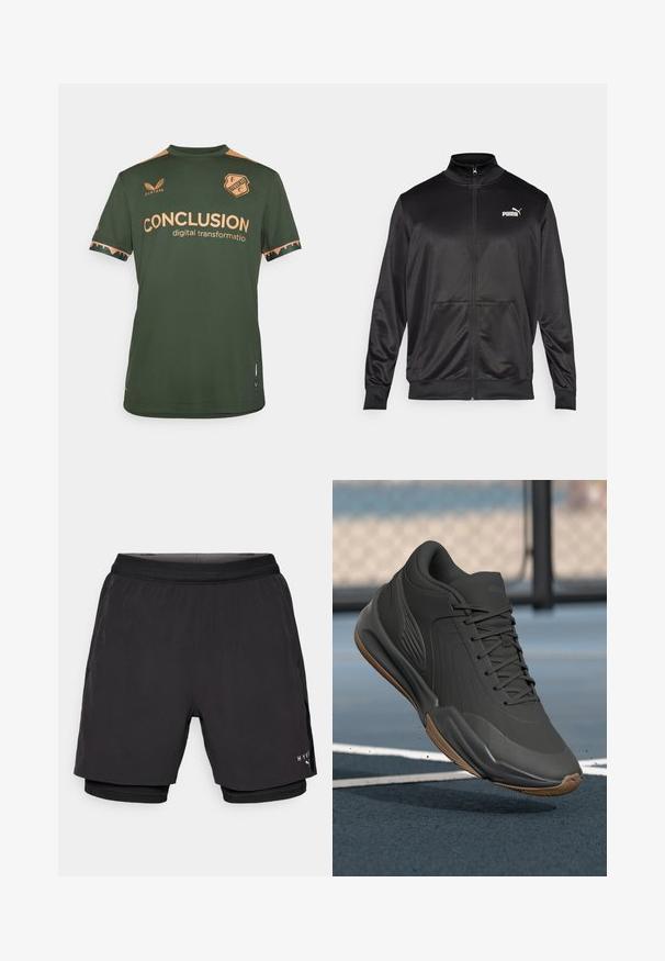 Černá bunda na zip vyrobená z hladké, lesklé látky. Má vysoký límec, dvě přední kapsy a bílé logo Puma na levé straně hrudi.; Zelený sportovní dres s krátkými rukávy, vyrobený z texturované tkaniny. Zlatý nápis "KONEC digitální transformace" a týmové logo.; Černé sportovní šortky s vrstveným designem, které mají hladký vnější materiál, elastický pas a vnitřní síťovinovou podšívku. Logo na boku.; Černá sportovní obuv s hladkým syntetickým svrškem, texturovanými akcenty a gumovou podrážkou, navržená pro výkon a pohodlí.