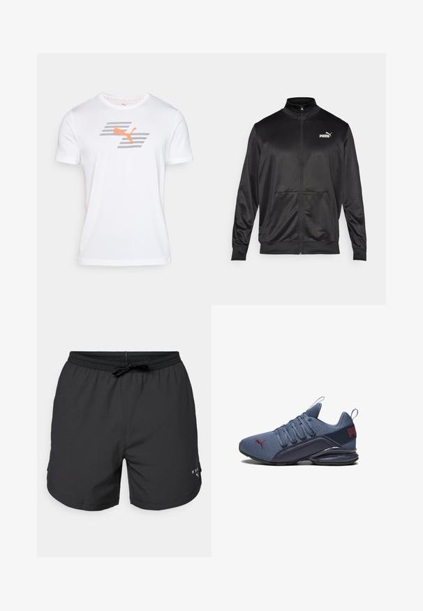 Chaqueta negra con cremallera hecha de un tejido liso y brillante. Presenta un cuello alto, dos bolsillos frontales y un logo blanco de Puma en el lado izquierdo del pecho.; Camiseta blanca de manga corta hecha de una tela suave, con un logo de Puma en naranja y acentos de rayas grises en el frente. Escote redondo.; Bañador negro con cintura elástica y cordón. Tela ligera con bolsillos laterales. Presenta un pequeño logo en el dobladillo.; Zapatilla deportiva azul con parte superior de malla, que presenta una suela de goma sólida, un detalle de logo prominente y un cierre con cordones para un ajuste ceñido.