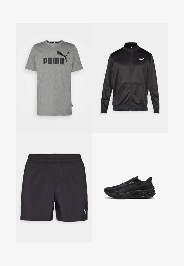 Chaqueta negra con cremallera hecha de un tejido liso y brillante. Presenta un cuello alto, dos bolsillos frontales y un logo blanco de Puma en el lado izquierdo del pecho.; Camiseta de algodón gris con un logotipo negro de "PUMA" y un gráfico de un puma saltando en el pecho. Mangas cortas y cuello redondo.; Pantalones cortos deportivos negros con una cinturilla elástica, hechos de material liviano, con un pequeño logotipo blanco en el lado inferior.; Zapatilla deportiva negra con parte superior texturizada, suela curvada y talón reforzado. Presenta cordones y un sutil elemento de diseño lateral.