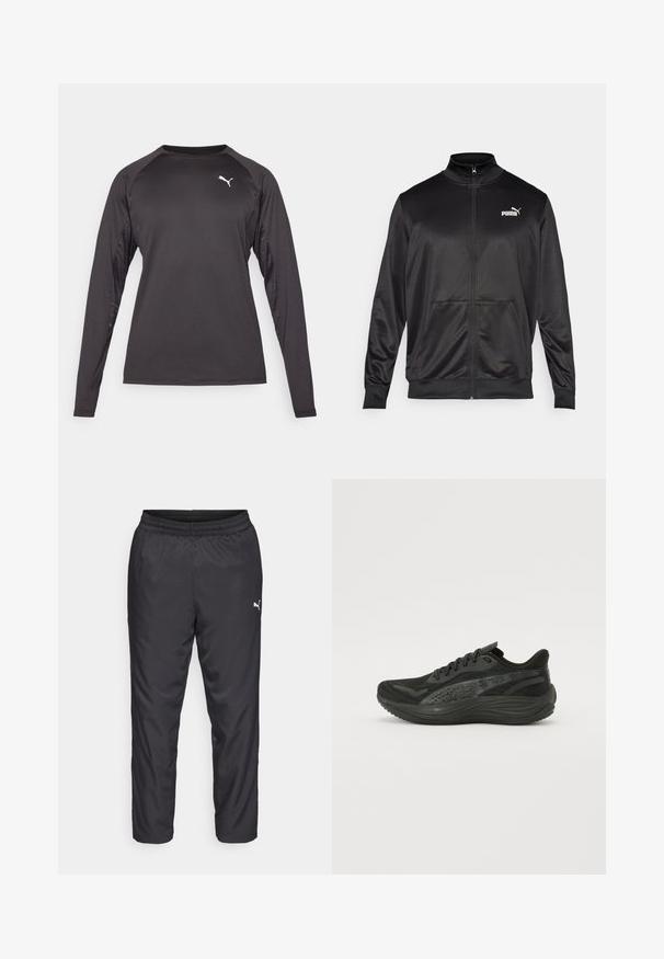 Črna jakna na zadrgo iz gladkega, sijočega materiala. Ima visok ovratnik, dva sprednja žepa in belo Puma logotip na levem prsnem delu.; Majica z dolgimi rokavi za šport v črni barvi, ki ima gladek material, kontrastne stranske panele s vzorcem in majhen beli logotip na prsih.; Črne športne hlače iz gladkega, lahkega materiala. Imajo elastičen pas in mali bel logotip na levi strani.; Črne atletske čevlje z mrežasto zgornjim delom, ravnimi vezalkami in oblazinjeno podplat, ki ima subtilne odsevne akcentne.