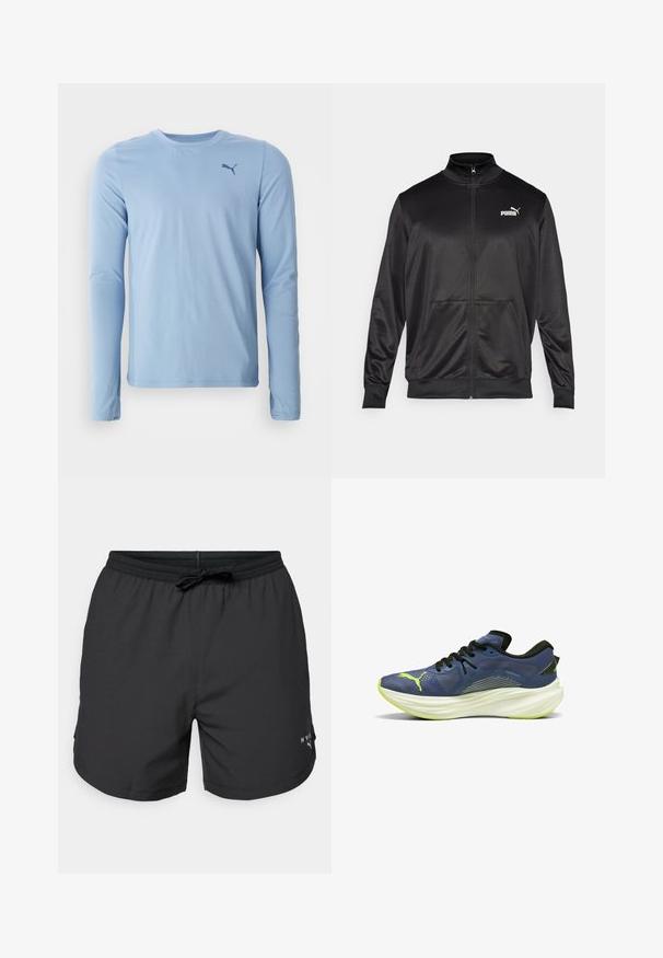 Schwarze Zip-Jacke aus glattem, glänzendem Stoff. Merkmale sind ein hoher Kragen, zwei Fronttaschen und ein weißes Puma-Logo auf der linken Brust.; Hellsblaues Langarmshirt aus weichem, elastischem Material. Mit Rundhalsausschnitt und kleinem dunklen Logo auf der linken Brust.; Schwarze Badeshorts mit elastischem Bündchen und Kordelzug. Leichtes Material mit Seitentaschen. Mit einem kleinen Logo am Saum.; Blauer Sportschuh mit einem strukturierten Mesh-Obermaterial, schwarzen Schnürsenkeln und einer weißen, gebogenen Zwischensohle. Hat einen grünen Akzent und ein Logo an der Seite.