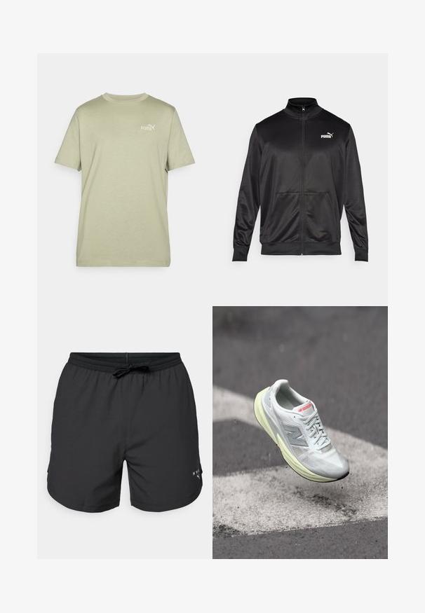 Čierna zipsová bunda vyrobená z hladkej, lesklej textílie. Má vysoký golier, dve predné vrecká a biele logo Puma na ľavej hrudi.; Olivovo zelené tričko s okrúhlym výstrihom a krátkymi rukávmi. Obsahuje malé biele logo Puma na hrudi. Vyrobené z jemnej, ľahkej tkaniny.; Čierne plavkové šortky s elastickým pásom a šnúrkou. Ľahký materiál so bočnými vreckami. Na spodnom leme sa nachádza malé logo.; Ľahká bežecká obuv s bielou sieťovinou na hornej časti, žltou medzipodrážkou a sivými akcentmi. Vyznačuje sa výrazným logom 'N' a textúrovaným povrchom.