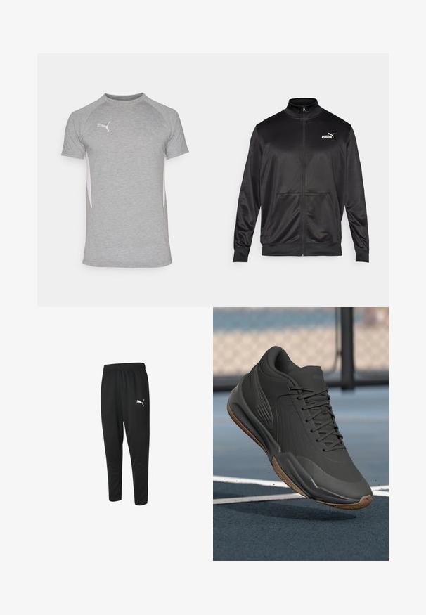 Must läikivast ja siledast kangast must kapuutsiga jakk. Omab kõrget kaelust, kahte esi-taskut ja valget Puma logo vasakul rinnal.; Hallide spordit-särk, millel on lühikesed varrukad ja ümmargune kaelus, heledate külgpaeladega. Logo vasakul ülemisel rinnal.; Mustad mustad spordipüksid, mis on valmistatud siledast kangast, omavad paelaga vööd, kitsenevaid jalgu ja väikest valget Puma logo vasakul küljel.; Mustad mustreejal, millel on sile sünteetiline pealis, tekstuuriga aktsendid ja kummist tallad, loodud soorituse ja mugavuse tagamiseks.