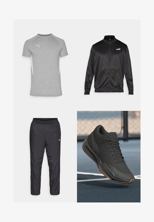 Jachetă neagră cu fermoar, made dintr-un material neted, lucios. Dispune de un guler înalt, două buzunare frontale și un logo alb Puma pe pieptul stâng.; Tricou sportiv gri cu mâneci scurte, având un guler rotund și panouri laterale albe. Logo pe partea superioară din stânga a pieptului.; Pantaloni de sport negri, fabricați dintr-un material neted și ușor. Au un brâu elastic și un mic logo alb pe partea stângă.; Pantofii sport negri, cu un brâu superior sintetic neted, accente texturate și talpă din cauciuc de tip gumă, proiectați pentru performanță și confort.