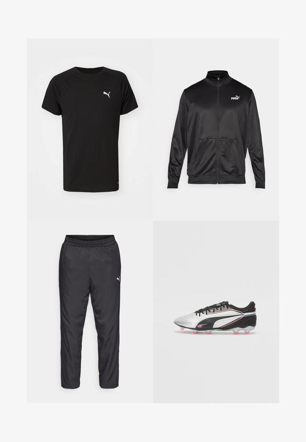 Svart zip-up jakke laget av glatt, skinnende stoff. Har høy krage, to frontlommer og en hvit Puma-logo på venstre bryst.; Svart kortermet trenings t-skjorte laget av lett stoff, med en hvit Puma-logo på brystet og rund hals.; Sorte treningsbukser laget av glatt, lett materiale. Har elastisk midjebånd og en liten hvit logo på venstre side.; Sølv og svart fotballsko med teksturert overflate, utstyrt med rosa detaljer, lav silhuett og flere rosa spiker i sålen.
