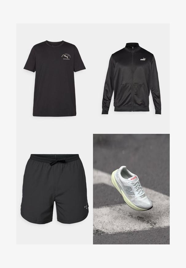 Casaco preto com fecho éclair, feito de um tecido liso e brilhante. Apresenta um colarinho alto, dois bolsos frontais e um logótipo branco da Puma no lado esquerdo do peito.; Camisa preta de algodão com mangas curtas, decote redondo e um pequeno desenho de logotipo branco com um gato a correr e texto no canto superior esquerdo.; Calções de banho pretos com cintura elástica e cordão. Tecido leve com bolsos laterais. Apresenta um pequeno logótipo na bainha.; Shoe de corrida leve com um cabedal em malha branca, entressola amarela e detalhes cinzentos. Apresenta um proeminente logotipo ‘N’ e uma superfície texturizada.