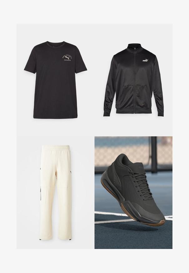 Svart zip-up jakke laget av glatt, skinnende stoff. Har høy krage, to frontlommer og en hvit Puma-logo på venstre bryst.; Svart bomull t-skjorte med korte ermer, rund hals og et lite hvitt logo-design med en løpende katt og tekst øverst til venstre.; Lysbeige joggebukser laget av myk tekstil. Har en svart logo, sidelommer med glidelås, og en avslappet passform.; Svarte treningssko med en glatt syntetisk overdel, teksturerte detaljer og en såle av gummigummi, designet for ytelse og komfort.