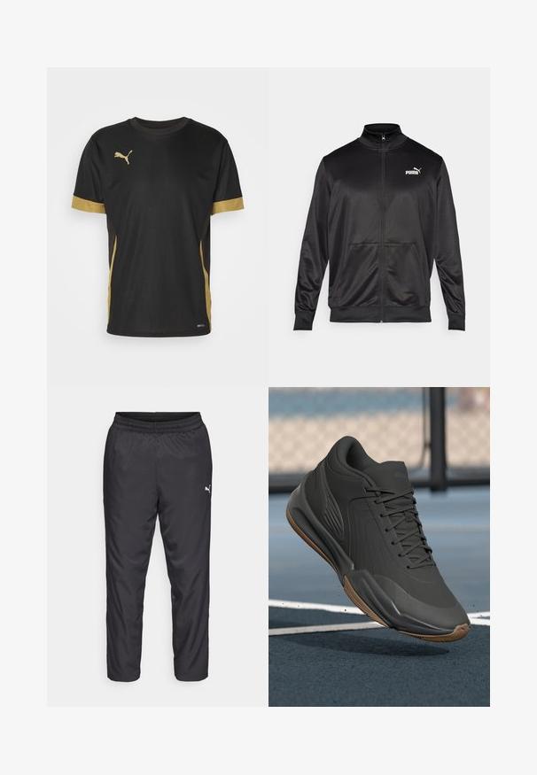 Casaco preto com fecho éclair, feito de um tecido liso e brilhante. Apresenta um colarinho alto, dois bolsos frontais e um logótipo branco da Puma no lado esquerdo do peito.; Camisola desportiva preta com detalhes dourados nas mangas e nas laterais. Apresenta uma gola redonda, mangas curtas e tecido DRYCELL que remove a humidade.; Calças de treino negras feitas de material liso e leve. Apresenta um cós elástico e um pequeno logótipo branco no lado esquerdo.; Sapatilha atlética preta com um superior sintético liso, detalhes texturizados e sola de borracha natural, projetada para desempenho e conforto.
