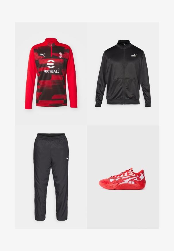 Fekete, sima, fényes anyagból készült, cipzáros dzseki. Magas gallérral, két elülső zsebbel és fehér Puma logóval rendelkezik a bal mellrészen.; Hosszú ujjú focipóló, fekete és vörös álcázó mintával, fél cipzáros gallérral és a Puma és az AC Milan logójával díszítve.; Fekete sportos nadrág sima, könnyű anyagból. Rugalmas derékkal rendelkezik, és a bal oldalon egy kis fehér logó található.; Piros és fehér alacsony szárú tornacipő absztrakt mintákkal, texturált talppal és fűzős záródással, jobbról nézve, szürke háttér előtt.