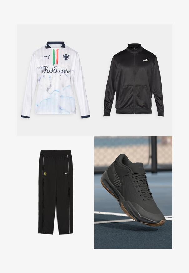 Schwarze Zip-Jacke aus glattem, glänzendem Stoff. Merkmale sind ein hoher Kragen, zwei Fronttaschen und ein weißes Puma-Logo auf der linken Brust.; Weißes Langarm-Trikot mit gestreiftem Design, das blaue Wolkenmuster, grüne und rote Streifen sowie den Text "KidSuper" zeigt. Marinefarbene Akzente am Kragen.; Schwarze Sporthosen mit elastischem Bund, versehen mit einem gelben Ferrari-Logo und weißen Seitenstreifen. Aus leichtem Stoff gefertigt.; Schwarzer Sportschuh mit glattem Synthetik-Obermaterial, strukturierten Akzenten und einer Gummisohle, die für Leistung und Komfort entwickelt wurde.