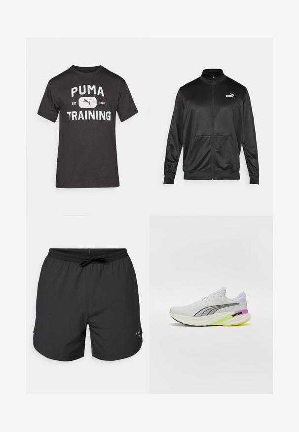 Černá bunda na zip vyrobená z hladké, lesklé látky. Má vysoký límec, dvě přední kapsy a bílé logo Puma na levé straně hrudi.; Černé bavlněné tričko s krátkým rukávem, které má velký bílý grafický design s nápisem "PUMA TRAINING" a logem Puma.; Černé plavkové šortky s elastickým pasem a stahovací šňůrkou. Lehce látka s bočními kapsami. Obsahuje malé logo na lemu.; Bílé sportovní boty s prodyšným síťovaným svrškem, černými akcenty a vícbarevnou podrážkou s fialovými a zelenými detaily.