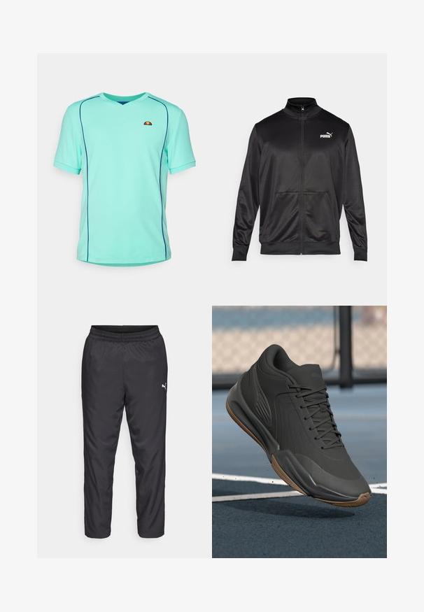 Must läikivast ja siledast kangast must kapuutsiga jakk. Omab kõrget kaelust, kahte esi-taskut ja valget Puma logo vasakul rinnal.; Türeli lühikeste käistega spordipolodega T-särk, millel on V-kaelus. Omab kontrastseid siniseid õmblusi ja väikest logo rinnal. Tekstuuriga kangas.; Mustad mustranahad, mis on valmistatud sileda ja kergest materjalist. Omab elastset vöökohta ja väikest valget logo vasakul küljel.; Mustad mustreejal, millel on sile sünteetiline pealis, tekstuuriga aktsendid ja kummist tallad, loodud soorituse ja mugavuse tagamiseks.