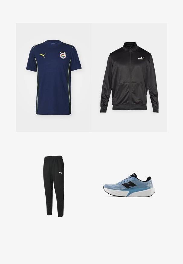 Melnā ar rāvējslēdzēju aizdaram veste, izgatavota no gludas, spīdīgas auduma. Tam ir augsta apkakle, divas priekšējās kabatas un balts Puma logotips kreisajā krūtī.; Puma FENERBAHCE ISTANBUL CASUALS TEE - Klubu apģērbs - club navy/speed yellow; Melni sporta bikses, kas izgatavotas no gludas auduma, ar aukliņu jostu, sašaurinātām kājām un mazu baltu Puma logotipu kreisajā pusē.; Gaiši zili sporta apavi ar melnu logo, biezu baltu zoli un melnu iekšējo oderi, redzami no sāna uz baltā fona.