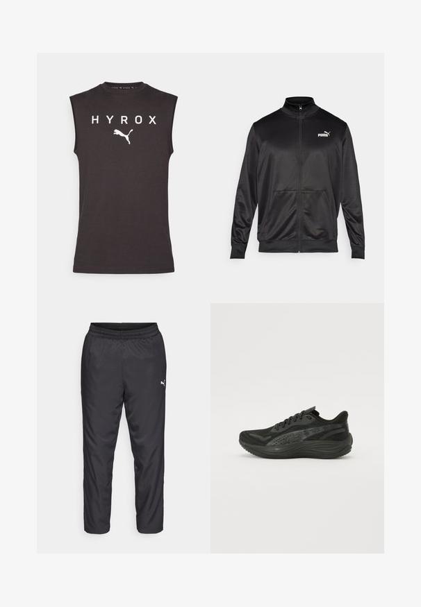 Fekete, sima, fényes anyagból készült, cipzáros dzseki. Magas gallérral, két elülső zsebbel és fehér Puma logóval rendelkezik a bal mellrészen.; Fekete ujjatlan sportpóló pamutból, amelyen fehér betűkkel a "HYROX" felirat található, alatta pedig egy fehér Puma logó.; Fekete sportos nadrág sima, könnyű anyagból. Rugalmas derékkal rendelkezik, és a bal oldalon egy kis fehér logó található.; Fekete sportcipő, texturált hálós felsőrésszel, lapos fűzőkkel és párnázott talppal, finom fényvisszaverő részletekkel.