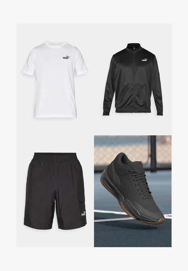 Giacca nera con zip realizzata in tessuto liscio e lucido. Presenta un colletto alto, due tasche frontali e un logo Puma bianco sul lato sinistro del petto.; T-shirt bianco in cotone con maniche corte, collo a giro, con un piccolo logo Puma nero sul lato sinistro del petto. Design semplice e texture liscia.; Pantaloni cargo neri con cintura elasticizzata, tasche laterali e logo Puma bianco sulla gamba sinistra. Realizzati in tessuto leggero.; Scarpa da ginnastica nera con tomaia in sintetico liscio, dettagli testurizzati e suola in gomma naturale, progettata per prestazioni e comfort.