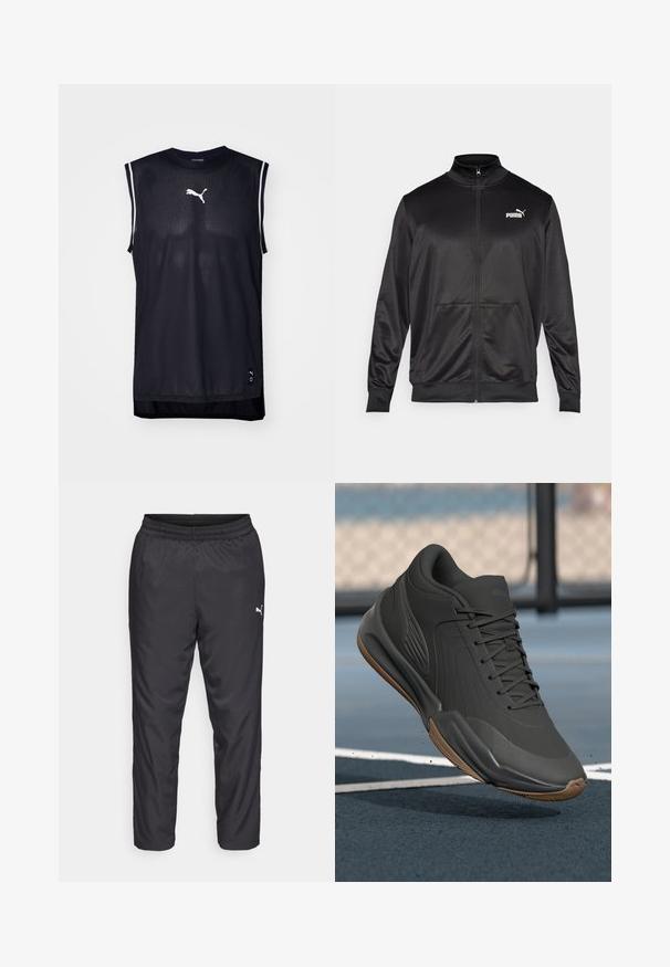 Melnā ar rāvējslēdzēju aizdaram veste, izgatavota no gludas, spīdīgas auduma. Tam ir augsta apkakle, divas priekšējās kabatas un balts Puma logotips kreisajā krūtī.; Melna bezpiedurkņu sporta krekliņš ar sietveida tekstūru, kura priekšpusē ir balta Puma logo un akcenta svītras uz pleciem.; Melnas sporta bikses, kas izgatavotas no gluda, viegla materiāla. Iespējas ietver elastīgu jostu un mazu baltu logotipu kreisajā pusē.; Melna sporta apava ar gludu sintētisku virsu, teksturētām akcentiem un gumijas zoli, kas izstrādāta veiktspējai un komfortam.
