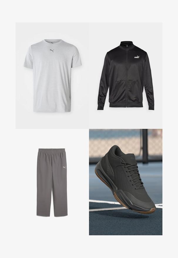 Veste noire zippée en tissu lisse et brillant. Elle possède un col haut, deux poches avant et un logo Puma blanc sur la poitrine gauche.; T-shirt de sport gris clair en tissu doux. Dispose de manches courtes et d'un col rond, avec un petit logo Puma noir sur la poitrine.; Pantalons de sport gris avec une taille élastique, fabriqués en tissu léger. Présente un petit logo blanc sur la jambe gauche.; Chaussure de sport noire avec une tige en synthétique lisse, des accents texturés, et une semelle en caoutchouc naturel, conçue pour la performance et le confort.