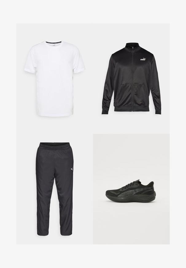 Fekete, sima, fényes anyagból készült, cipzáros dzseki. Magas gallérral, két elülső zsebbel és fehér Puma logóval rendelkezik a bal mellrészen.; Fehér sportpóló, nedvességet elvezető anyagból készült. Környakú, rövid ujjal rendelkezik, és diszkrét logó található a mellkasán.; Fekete sportos nadrág sima, könnyű anyagból. Rugalmas derékkal rendelkezik, és a bal oldalon egy kis fehér logó található.; Fekete sportcipő, texturált hálós felsőrésszel, lapos fűzőkkel és párnázott talppal, finom fényvisszaverő részletekkel.