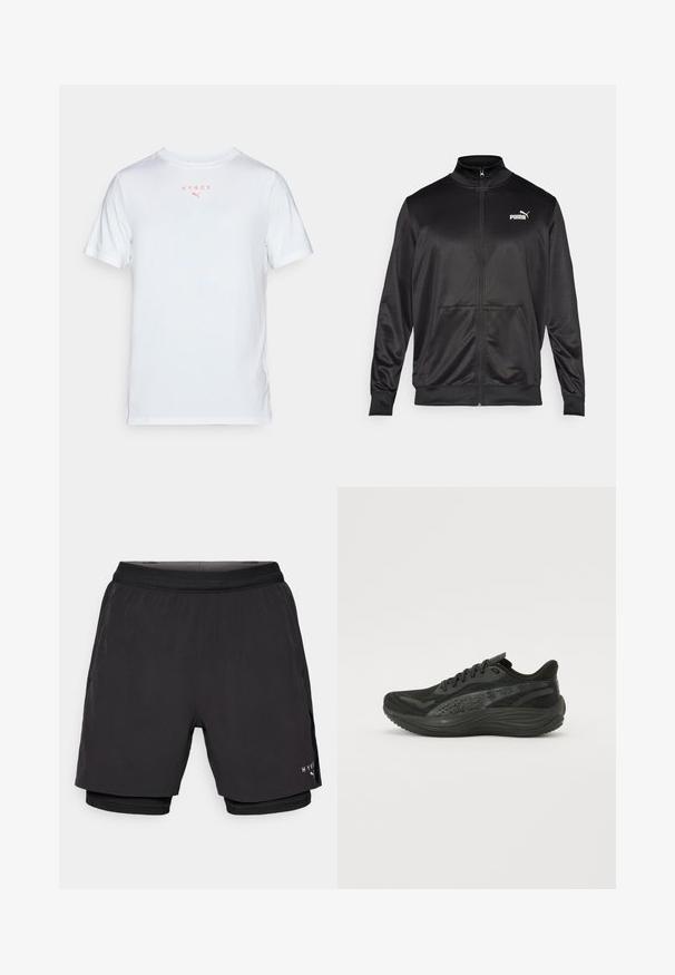 Black zip-up jacket made of smooth, shiny fabric. Features a high collar, two front pockets, and a white Puma logo on the left chest.; White athletic t-shirt with short sleeves, featuring "HYROX" and a small logo in coral. Smooth texture, round neckline, regular fit.; Black athletic shorts with a layered design, featuring a smooth outer fabric, elastic waistband, and inner mesh liner. Branding on side.; Black athletic shoe with a textured mesh upper, flat laces, and a cushioned sole featuring subtle reflective accents.