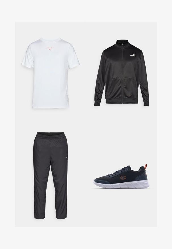 Jachetă neagră cu fermoar, made dintr-un material neted, lucios. Dispune de un guler înalt, două buzunare frontale și un logo alb Puma pe pieptul stâng.; Tricou sportiv alb cu mâneci scurte, având inscripția "HYROX" și un logo mic în culoarea coral. Textură netedă, decolteu rotund, croială regulară.; Pantaloni de sport negri, fabricați dintr-un material neted și ușor. Au un brâu elastic și un mic logo alb pe partea stângă.; Champion JOLT - Pantofi training - navy/koi