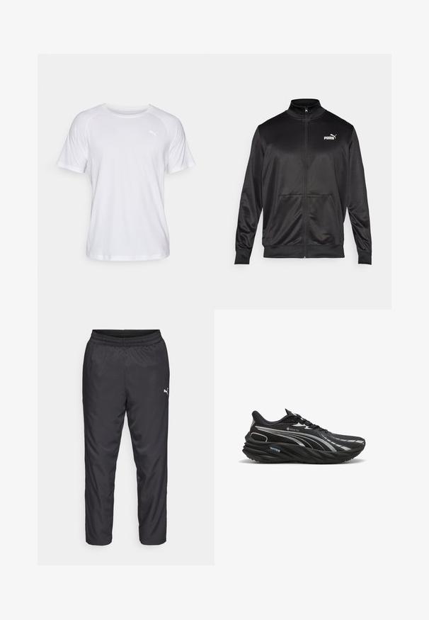 Mustat vetoketjulliset takit, jotka on valmistettu sileästä, kiiltävästä kankaasta. Ominaisuuksiin kuuluvat korkea kaulus, kaksi etutaskua ja valkoinen Puma-logo vasemmassa rinnassa.; Valkoinen lyhythihainen urheiluprintti, jonka pinnassa on sileä rakenne. Ominaisuuksiin kuuluu pyöreä kaula-aukko ja pieni logo vaaleassa sävyssä vasemmassa rinnassa.; Mustat urheiluhousut, jotka on valmistettu sileästä, kevyestä materiaalista. Sisältää joustavan vyötärönauhan ja pienen valkoisen logon vasemmalla puolella.; Musta juoksukenkä, joka on valmistettu GORE-TEX-materiaalista. Kenkässä on tekstuurinen päällinen, kaareva pohja ja heijastavat hopeiset yksityiskohdat.