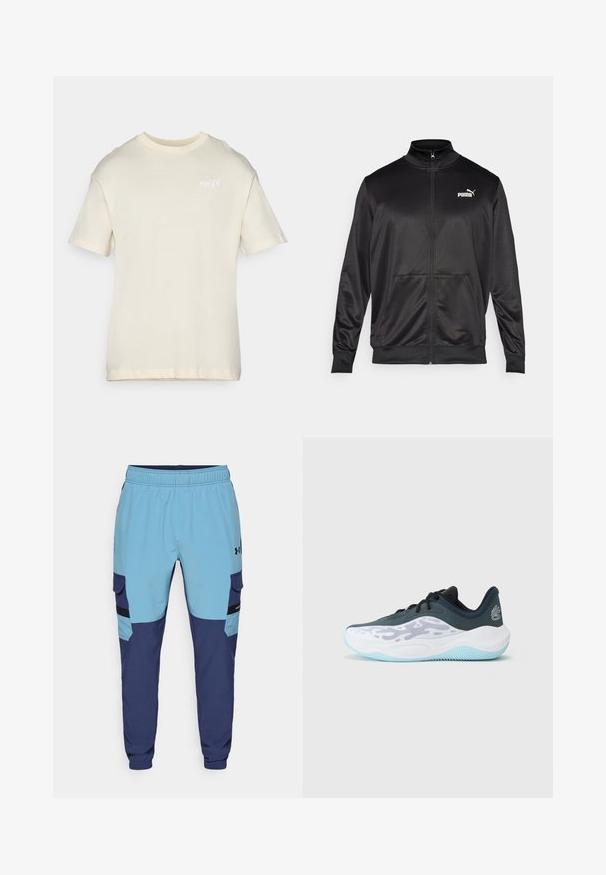 Czarna kurtka na zamek wykonana z gładkiego, błyszczącego materiału. Posiada wysoki kołnierz, dwie przednie kieszenie oraz białe logo Puma na lewej piersi.; Koszulka z krótkim rękawem w kolorze kremowym, wykonana z miękkiej bawełny, z okrągłym dekoltem i małym haftowanym logo na piersi. Gładka faktura, luźny krój.; Niebieskie i granatowe spodnie dresowe z elastycznym pasem, bocznymi kieszeniami i akcentami w stylu cargo. Wykonane z miękkiego, oddychającego materiału.; Czarno-białe buty sportowe z siateczkową cholewką, teksturowaną podeszwą i jasnoniebieskimi akcentami. Posiada sznurówki i wyściełany kołnierz dla wsparcia.