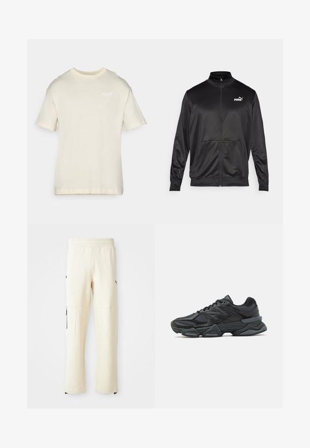 Svart zip-up jakke laget av glatt, skinnende stoff. Har høy krage, to frontlommer og en hvit Puma-logo på venstre bryst.; Kremfarget T-skjorte med kort erm laget av myk bomull, med rund hals og en liten brodert logo på brystet. Jevn tekstur, avslappet passform.; Lysbeige joggebukser laget av myk tekstil. Har en svart logo, sidelommer med glidelås, og en avslappet passform.; Svart løpesko med en blanding av mesh og syntetiske materialer, chunky såle, buet design og fremtredende merkevare på siden.
