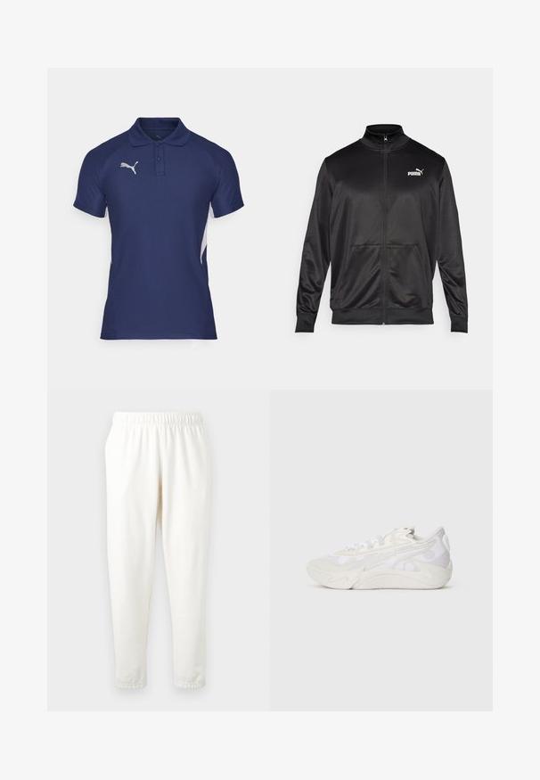 Černá bunda na zip vyrobená z hladké, lesklé látky. Má vysoký límec, dvě přední kapsy a bílé logo Puma na levé straně hrudi.; Námořnická modrá polo košile vyrobená z prodyšného materiálu, s klasickým límečkem, dvěma knoflíky a bílými akcenty na stranách. Stříbrné logo na hrudi.; Krémové tepláky s elastickým pasem a zúženými nohavicemi, vyrobené z měkkého materiálu. Mají hladký povrch a žádné viditelné vzory či akcenty.; Boční pohled na bílou a světle šedou tenisku s abstraktním vlnitým designem a silnou podrážkou na jednobarevném bílém pozadí.