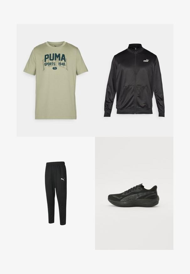 Juodas zip-up švarkas, pagamintas iš lygaus, blizgaus audinio. Turintis aukštą apykaklę, dvi priekinės kišenes ir baltą Puma logotipą kairiajame krūtinės kampe.; Šviesiai žalia medvilninė marškinėliai trumpomis rankovėmis, apvaliu kaklu ir tamsiai mėlynu PUMA tekstiniu dizainu, kuriame yra "SPORTS 1948" kontrastingu šriftu.; Juoda sportinė kelnė iš lygaus audinio, su raišteliu juosmenyje, siaurėjančiomis kojomis ir mažuoju baltu Puma logotipu kairėje pusėje.; Juodos sportinės bateliai su tekstūruotu mezginiu, plokščiomis raištelėmis ir paminkštintu padu, turinčiu subtilius atspindinčius akcentus.