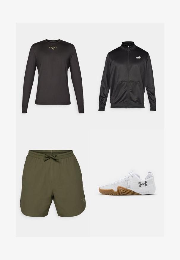 Fekete, sima, fényes anyagból készült, cipzáros dzseki. Magas gallérral, két elülső zsebbel és fehér Puma logóval rendelkezik a bal mellrészen.; Fekete, hosszú ujjú póló sima anyagból, kerek nyakkivágással, fluoreszkáló sárga "HYROX" logóval és karcsú szabással.; Olíva zöld sportnadrág könnyű anyagból, rugalmas derékkal és zsinórral, oldalt pedig egy apró logó részlet található.; Fehér sportcipők hálós felsőrésszel, gumis talppal, kialakított részletekkel és fekete logóval az oldalon.