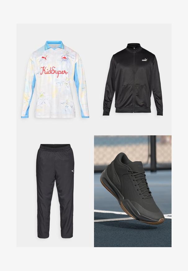 Μαύρο τζάκετ με φερμουάρ, κατασκευασμένο από λείο, γυαλιστερό ύφασμα. Διαθέτει ψηλό γιακά, δύο μπροστινές τσέπες και ένα λευκό λογότυπο Puma στο αριστερό στήθος.; Μακρυμάνικη ποδοσφαιρική φανέλα σε ανοιχτά χρώματα με λουλουδάτο σχέδιο. Διαθέτει ανοιχτό μπλέ γιακά, κόκκινο κείμενο "KidSuper" και λογότυπο στο στήθος.; Μαύρο αθλητικό παντελόνι από λεία, ελαφριά υλικά. Διαθέτει ελαστική μέση και ένα μικρό λευκό λογότυπο στην αριστερή πλευρά.; Μαύρο αθλητικό παπούτσι με λείο συνθετικό επάνω μέρος, υφασμάτινες λεπτομέρειες και σόλα από καουτσούκ γόμα, σχεδιασμένο για απόδοση και άνεση.