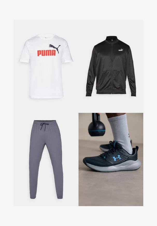 Black zip-up jacket made of smooth, shiny fabric. Features a high collar, two front pockets, and a white Puma logo on the left chest.; White cotton t-shirt featuring a large red "PUMA" logo and a black leaping puma graphic on the left chest area. Round neck design.; Gray athletic pants with an elastic waistband and drawstring. Smooth texture, tapered leg design, featuring a small logo on the side.; Black athletic shoe with blue accents, textured upper, and gray sole. Worn with gray ribbed socks, beside a black kettlebell.