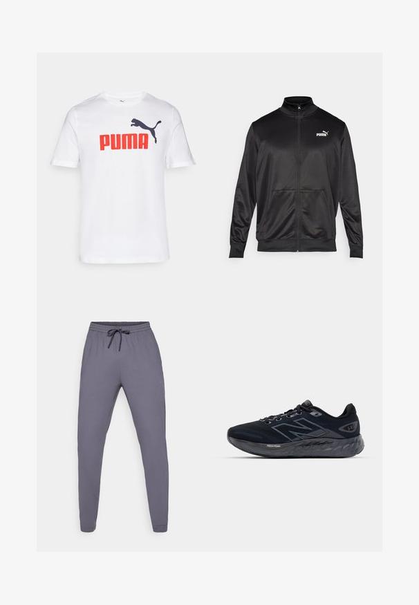 Sort zip-jakke lavet af glat, skinnende stof. Har en høj krave, to forlommer og et hvidt Puma-logo på venstre bryst.; Hvid bomulds t-shirt med et stort rødt "PUMA" logo og en sort springende puma grafik på venstre brystområde. Rund halsdesign.; Grå træningsbukser med elastisk talje og snor. Glat tekstur, tætsiddende ben-design, med et lille logo på siden.; Herresko til løb i sort netmateriale med en tyk grå sål, cirkulær tekstur og reflekterende detaljer. Har "New Balance" logo på siden.